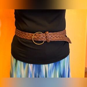 Woven Brown Faux Leather Belt with Loop Buckle
